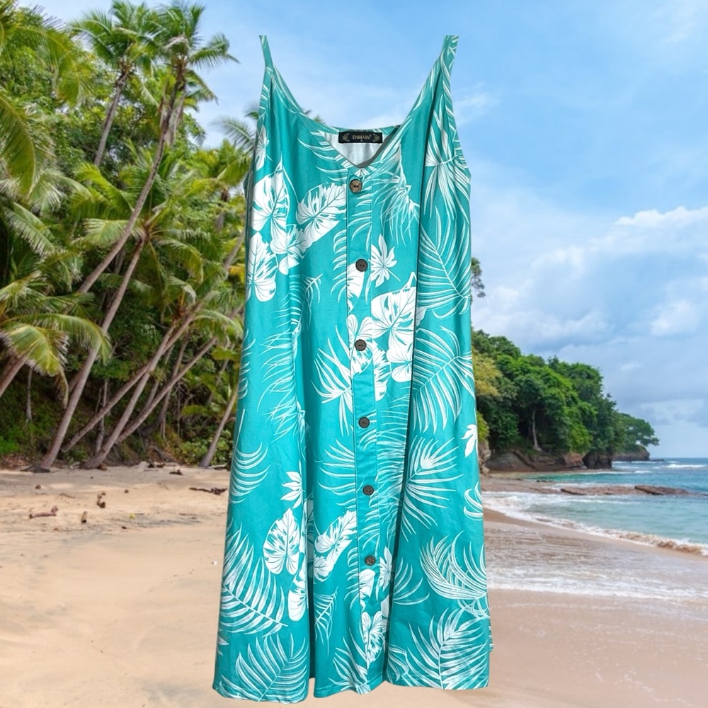 Tropical Teal Button-Down Dress with POCKETS! Size Small